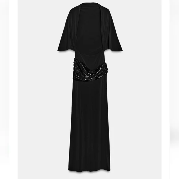 ZARA VIRAL SEQUIN CUMMERBUND MIDI DRESS BLACK